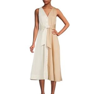 Antonio Melani Color Block V-Neck Tie Waist Button Front A-Line Midi Dress